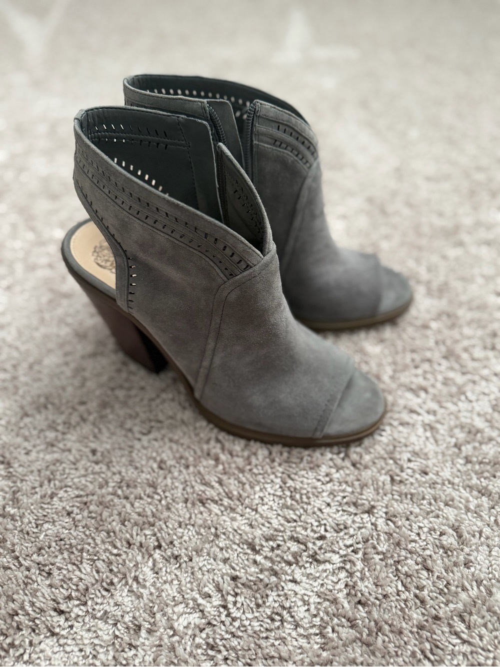 Vince Camuto Gray Suede Open-Toe Heeled Booties